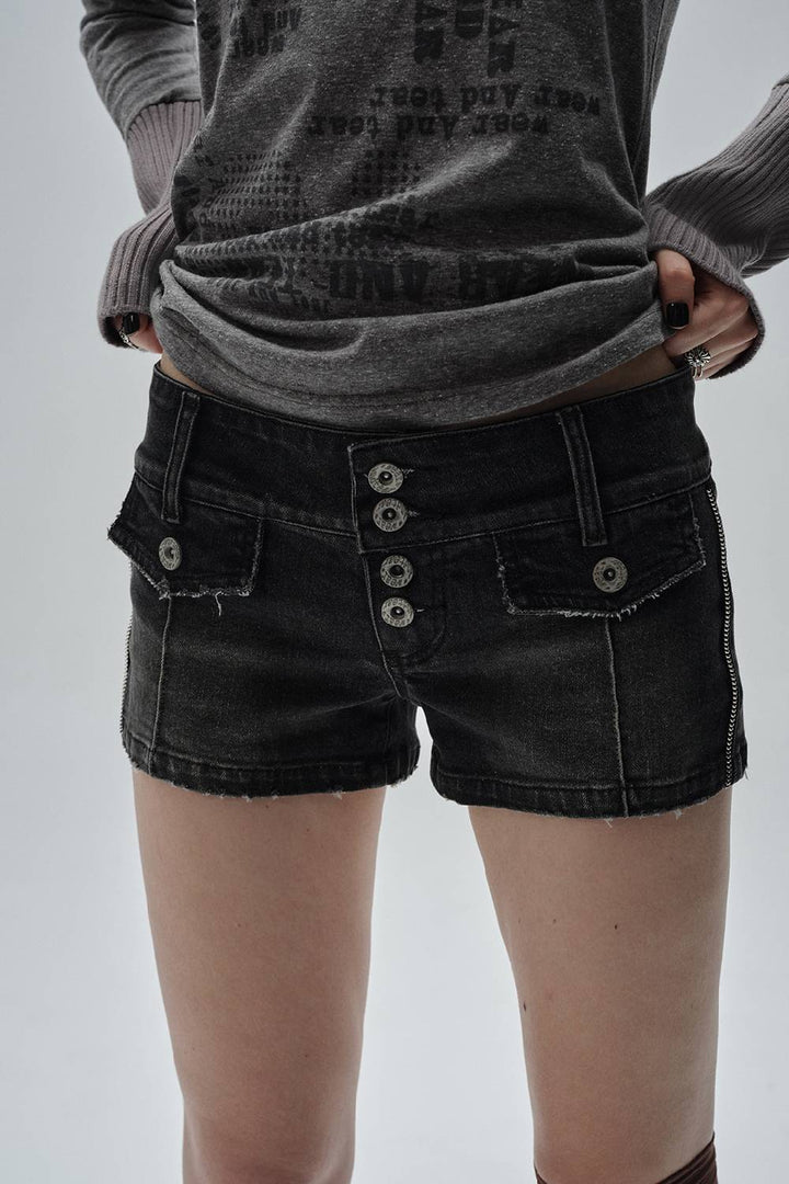 Distressed Button Denim Shorts