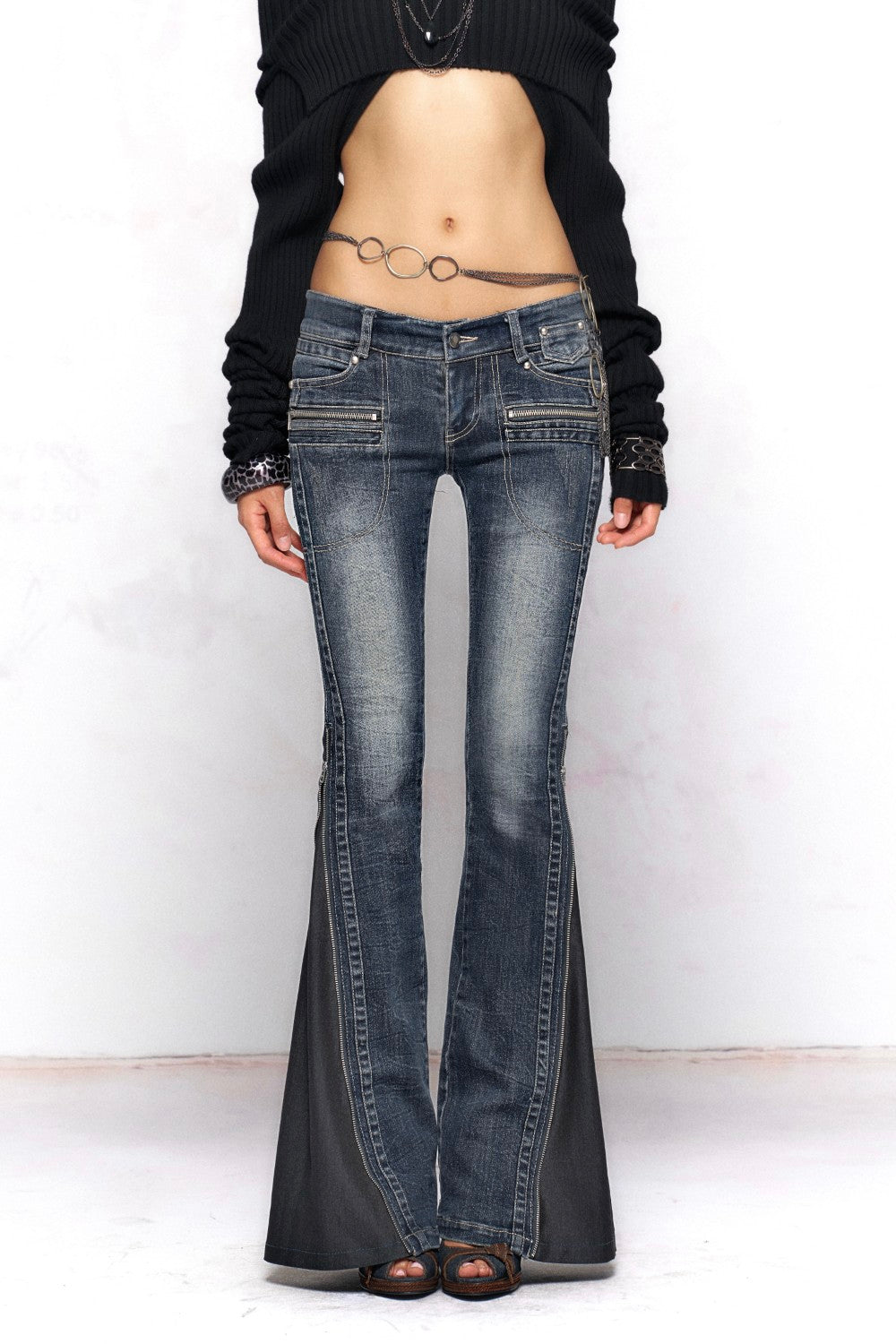 Muli-Zip Washed Flare Jeans – Pixie Rebels