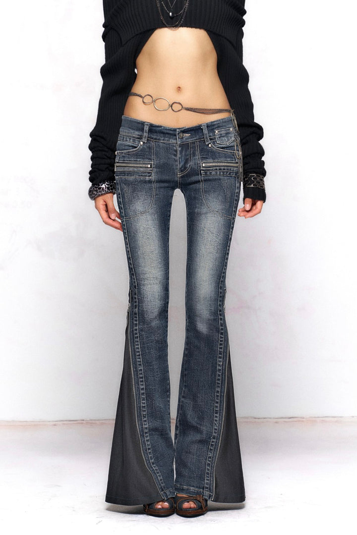 Muli-Zip Washed Flare Jeans