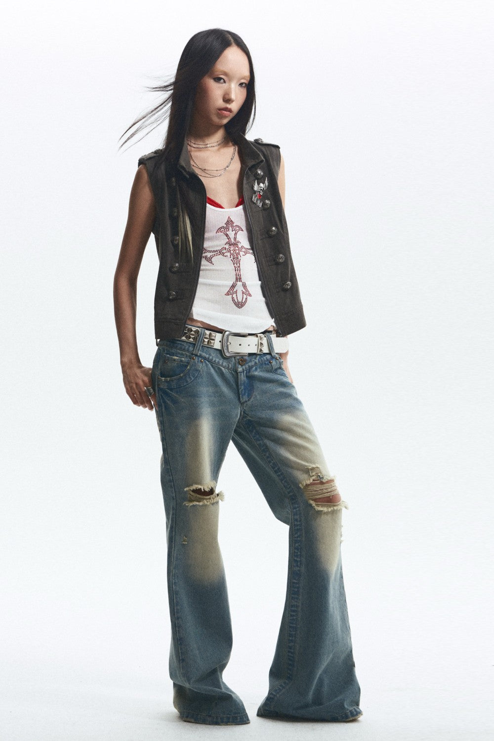 Ripped Denim Flare Jeans