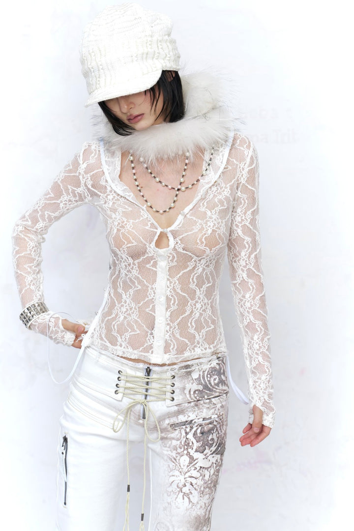 White Lace Turtleneck Top