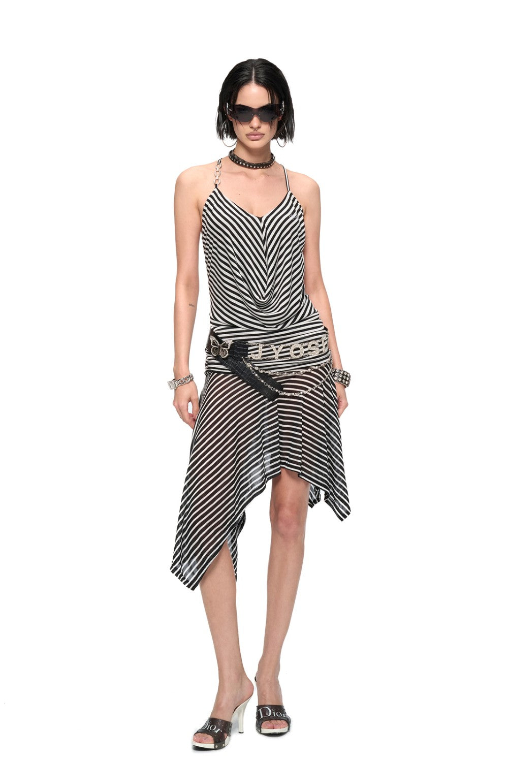 Striped V-Strap Drape Dress