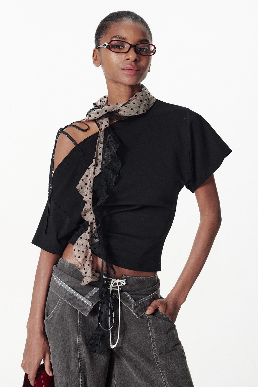 Off-Shoulder Tied Ruffle Shirt