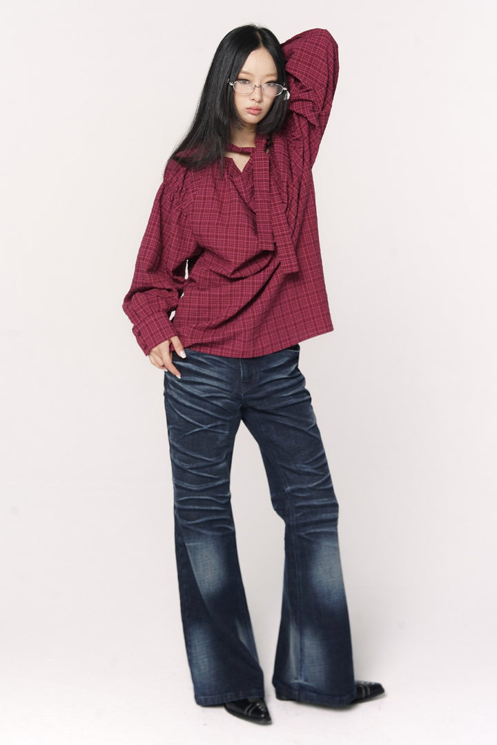 Oversized Plaid Ribbon Shirt