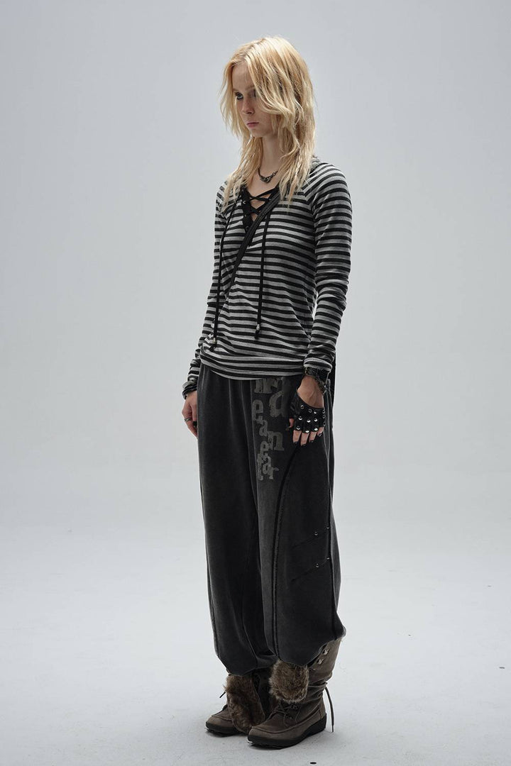 Lace-Up V-Neck Striped Shirt