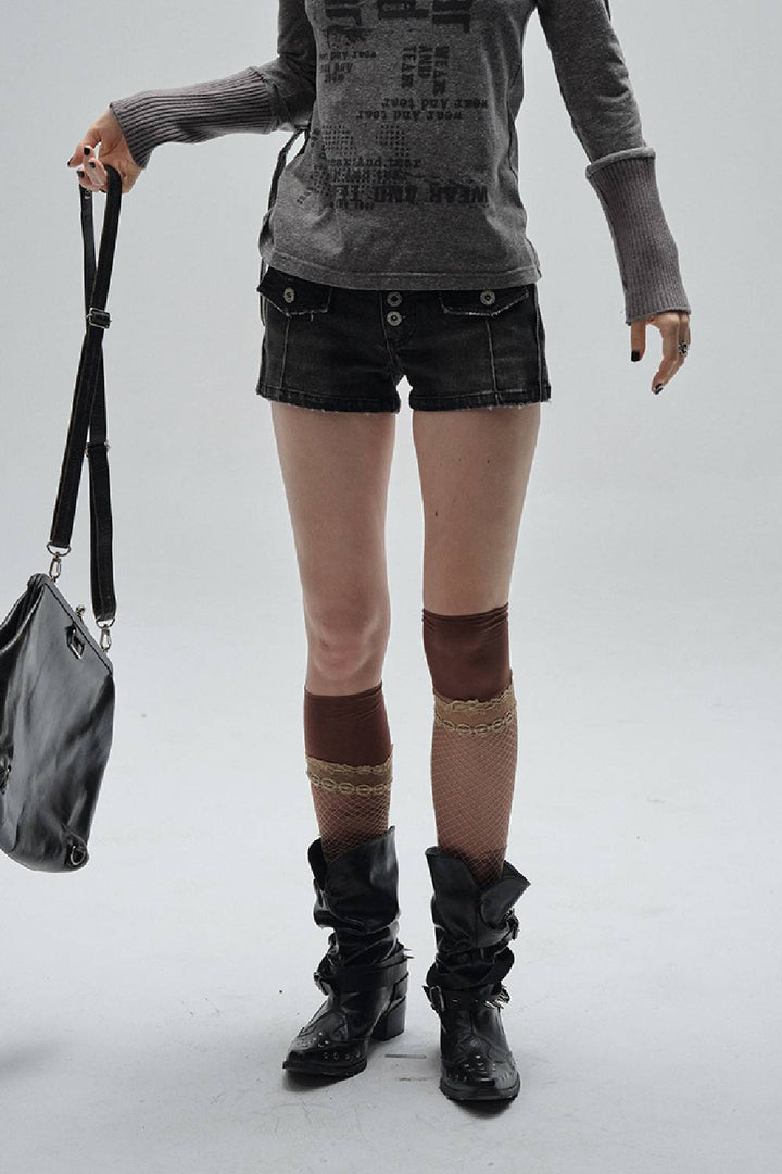 Distressed Button Denim Shorts