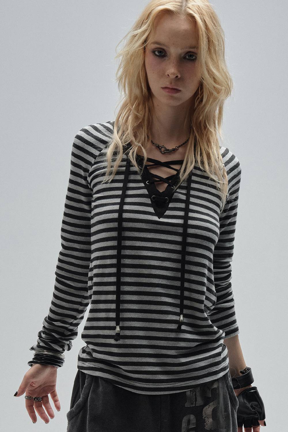 Lace-Up V-Neck Striped Shirt