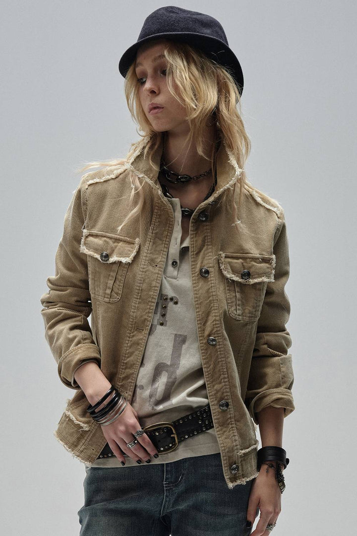 Distressed Button-Up Corduroy Jacket