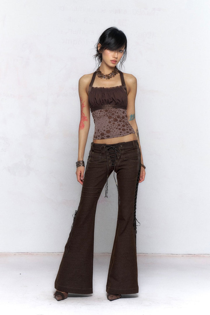 Brown Lace-Up Flared Jeans