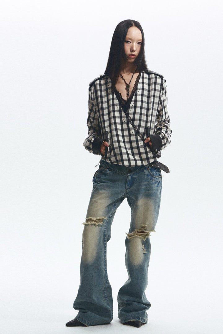 Ripped Denim Flare Jeans