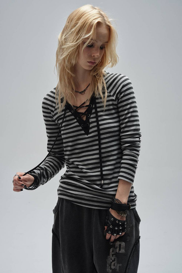 Lace-Up V-Neck Striped Shirt
