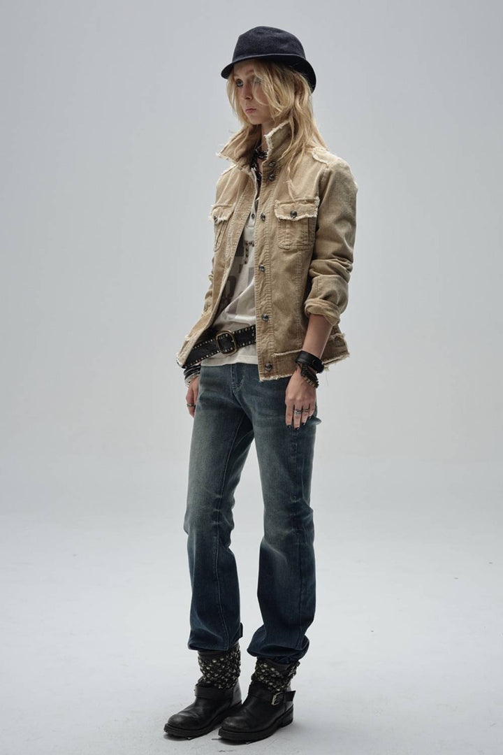 Distressed Button-Up Corduroy Jacket