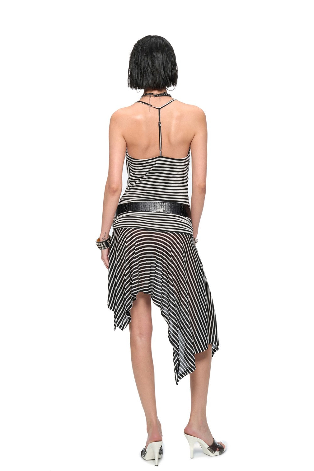 Striped V-Strap Drape Dress