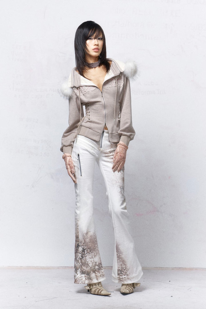 Lace-Up Embroidery Flared Jeans