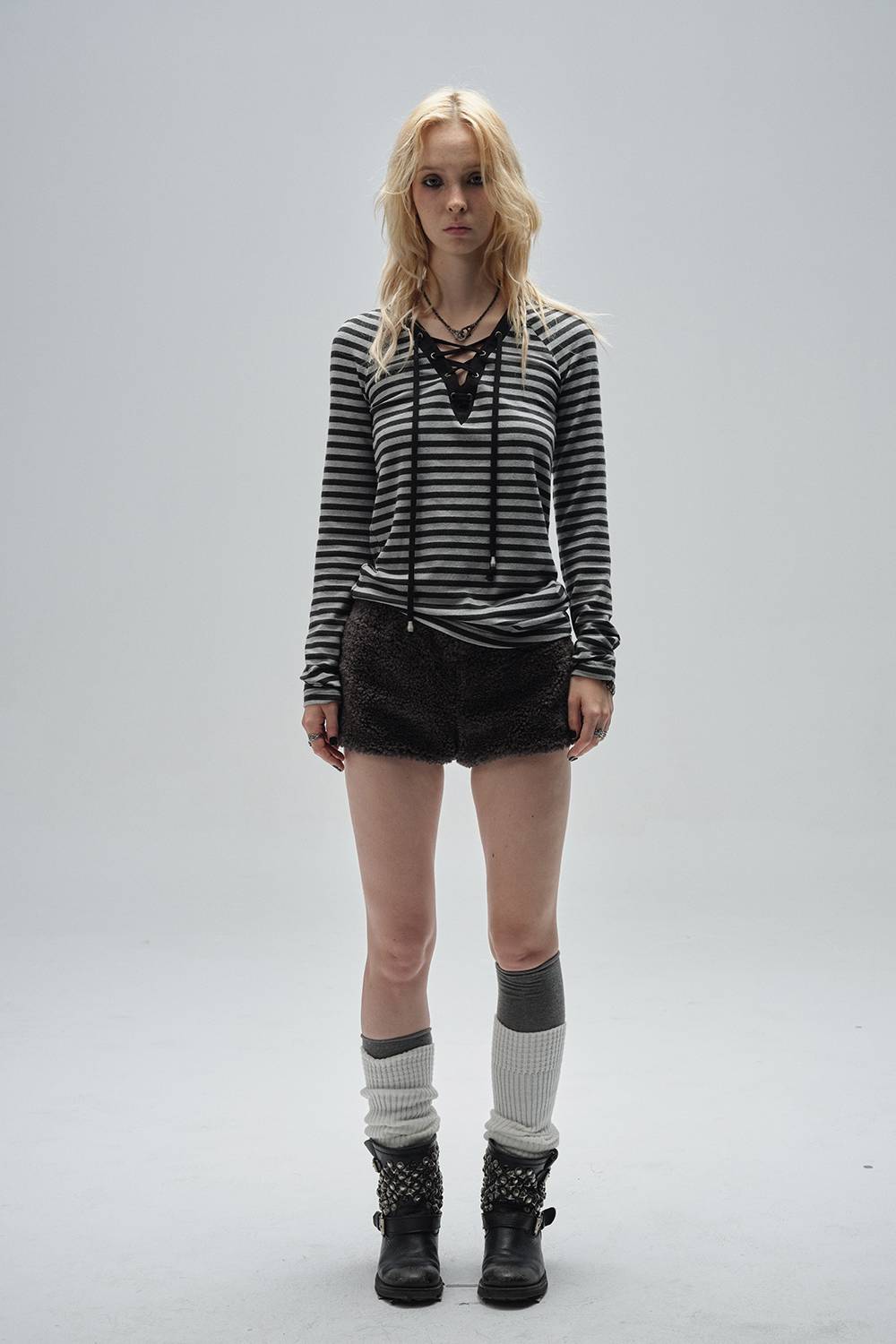 Lace-Up V-Neck Striped Shirt