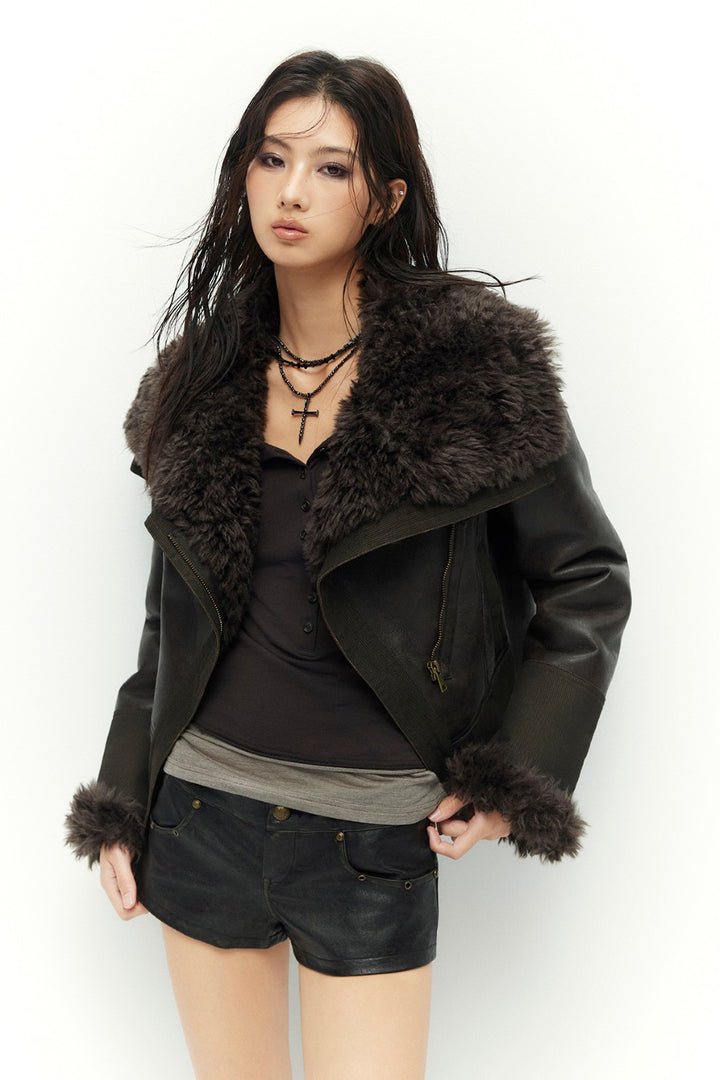 Espresso Leather Shearling Coat