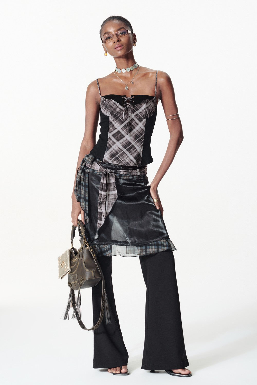 Satin Layered Skirt Trousers