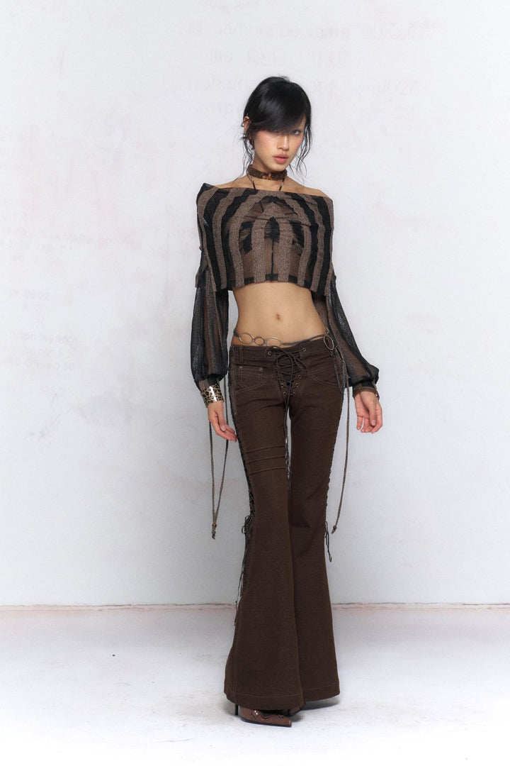 Brown Lace-Up Flared Jeans