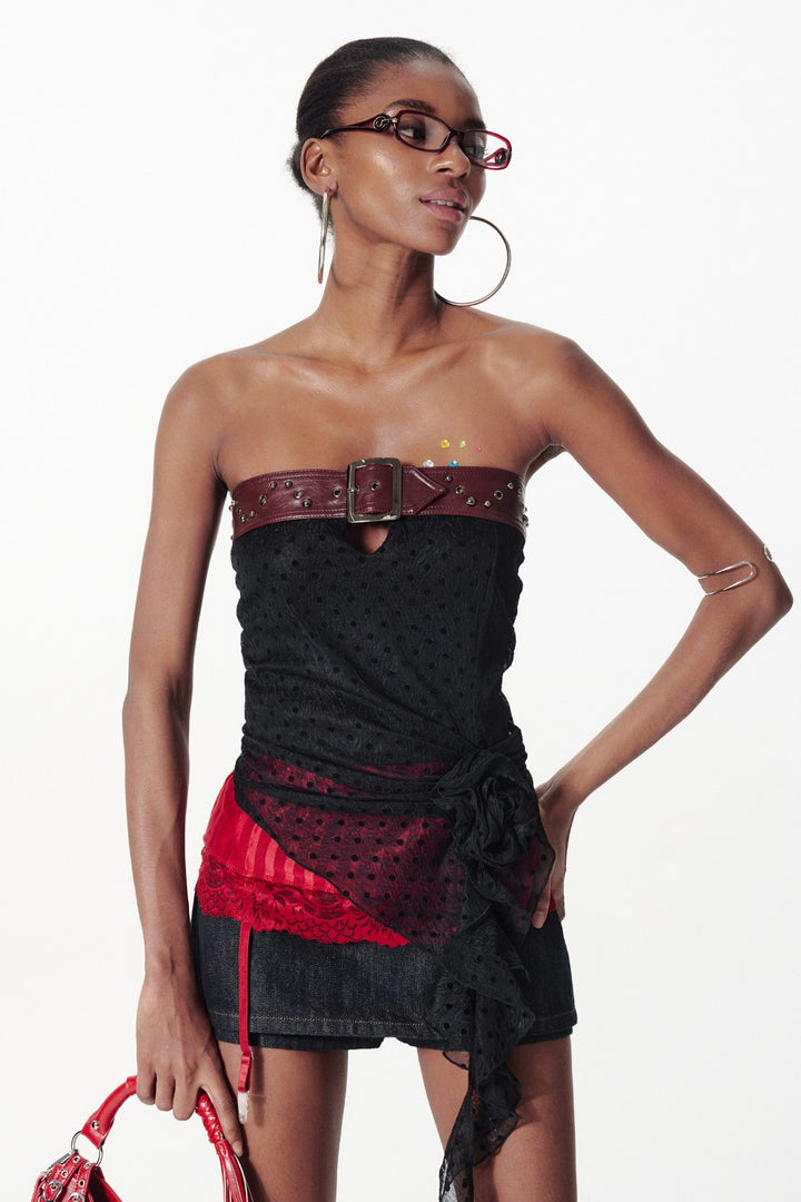 Polka Dot Belted Mesh Top