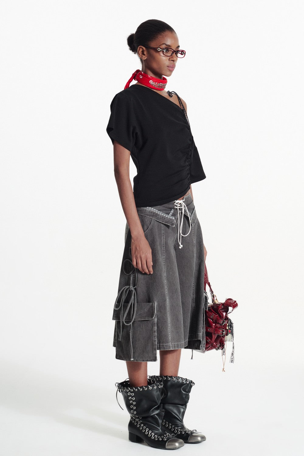 Off-Shoulder Tied Ruffle Shirt