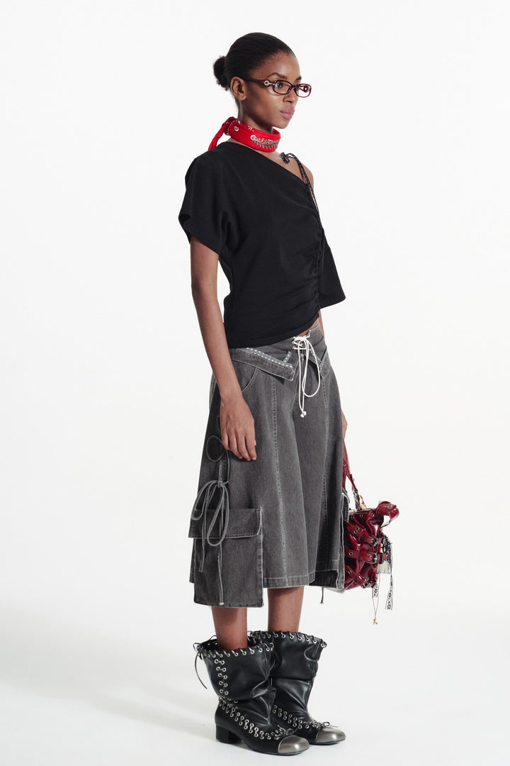 Off-Shoulder Tied Ruffle Shirt