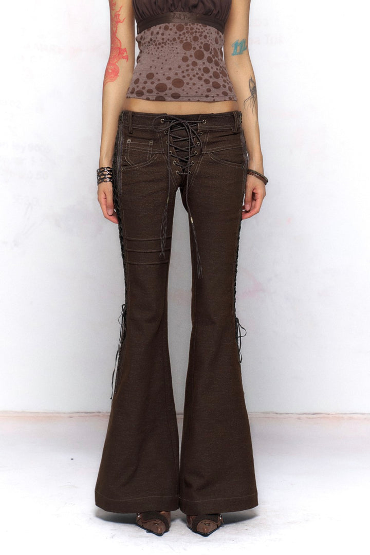 Brown Lace-Up Flared Jeans