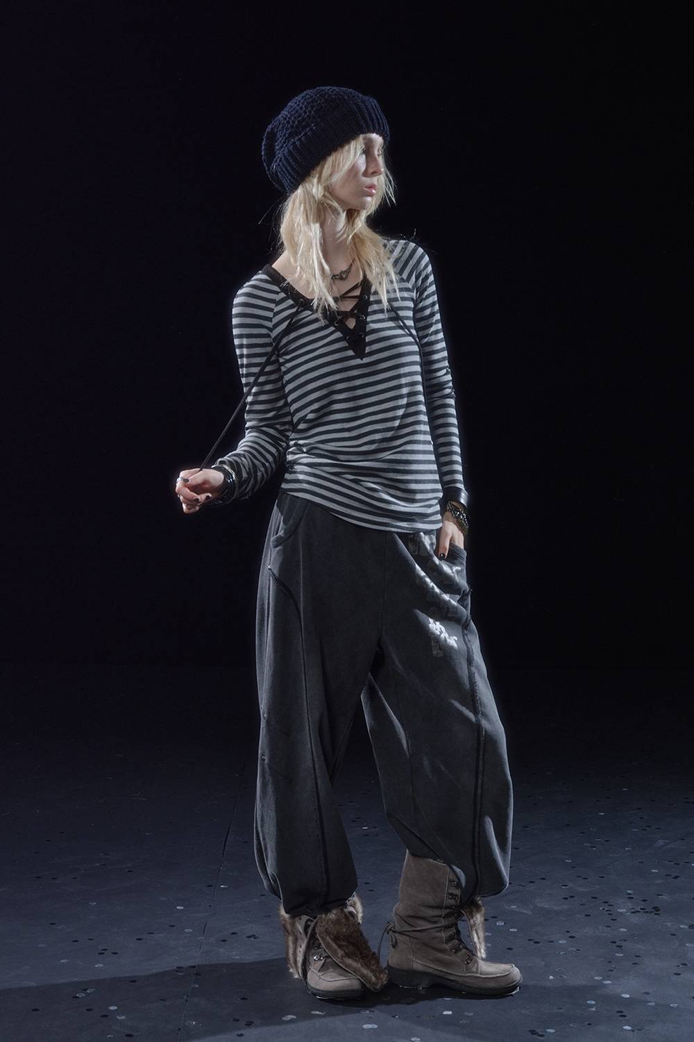 Lace-Up V-Neck Striped Shirt