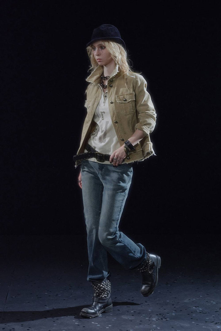Distressed Button-Up Corduroy Jacket