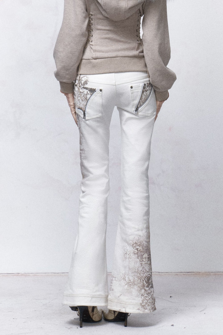 Lace-Up Embroidery Flared Jeans