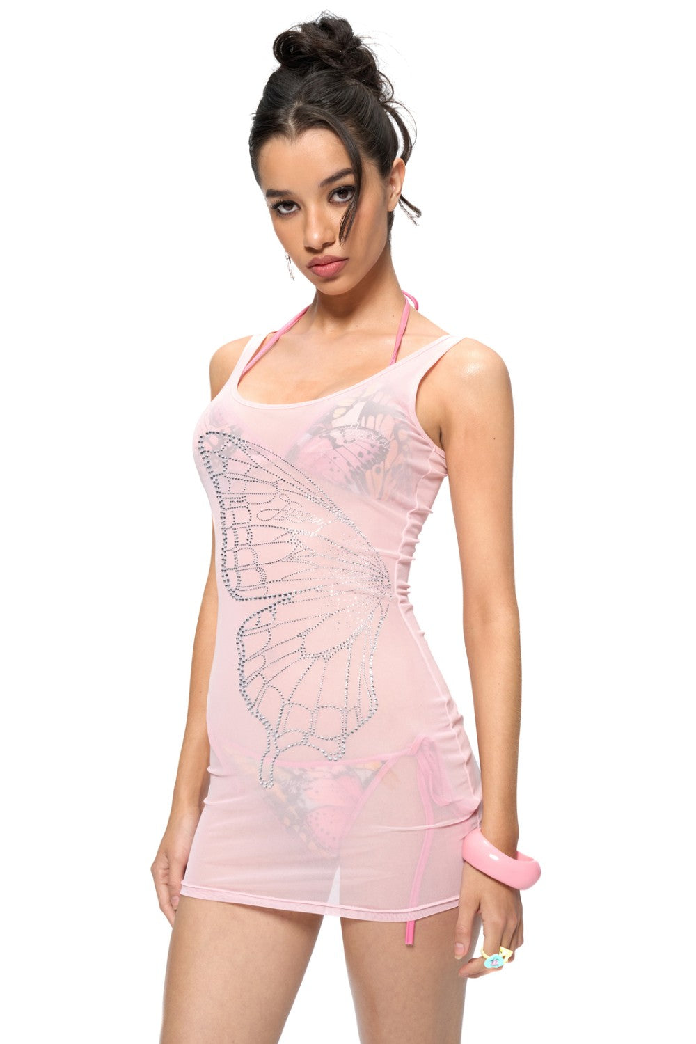 Sheer Rhinestone Butterfly Dress