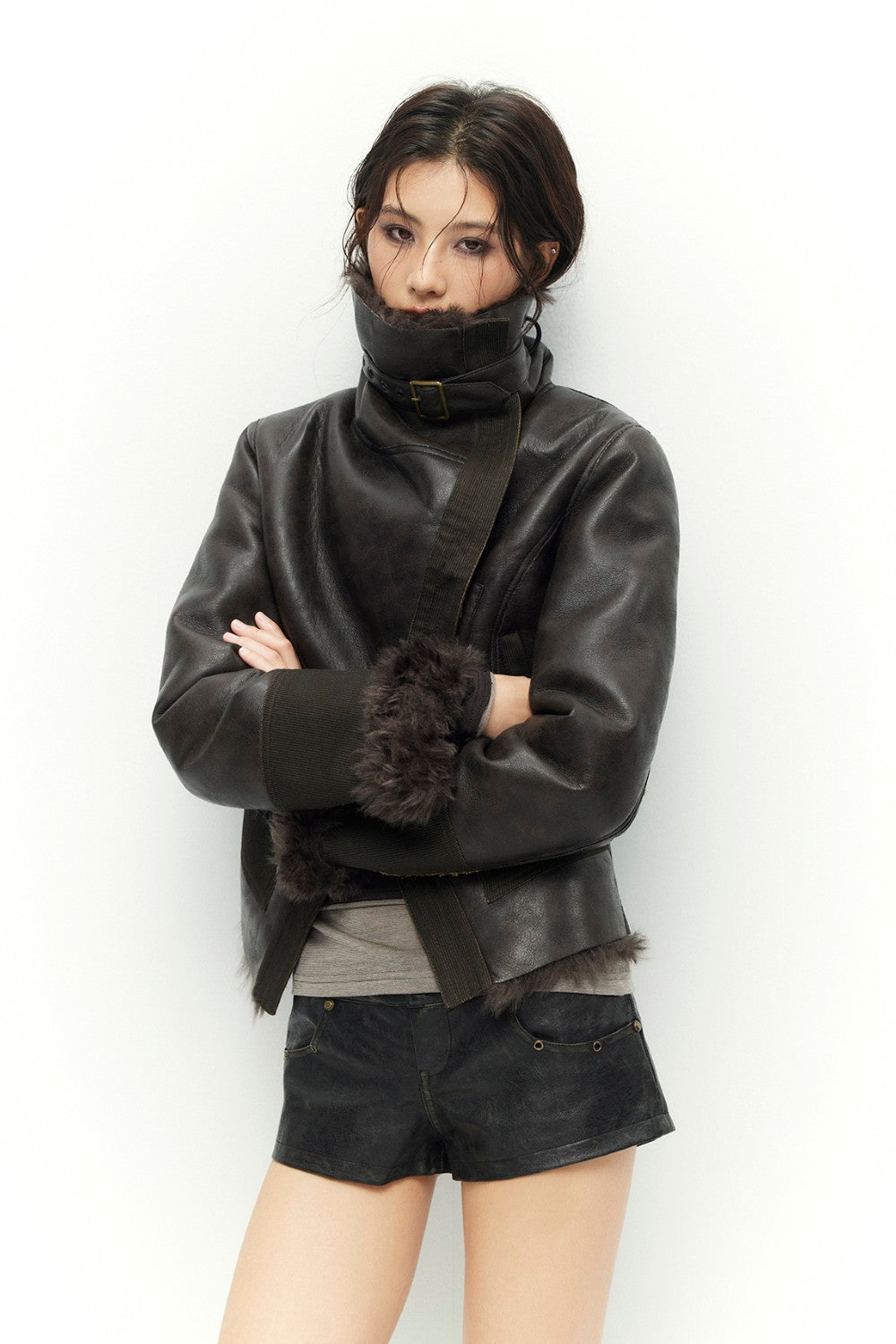 Espresso Leather Shearling Coat
