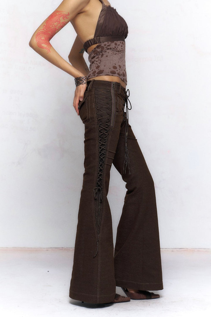 Brown Lace-Up Flared Jeans