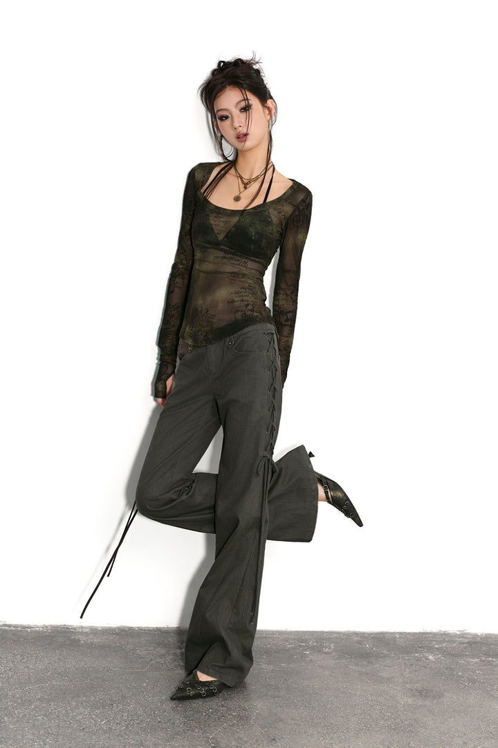 Olive Lace-Up Flare Pants