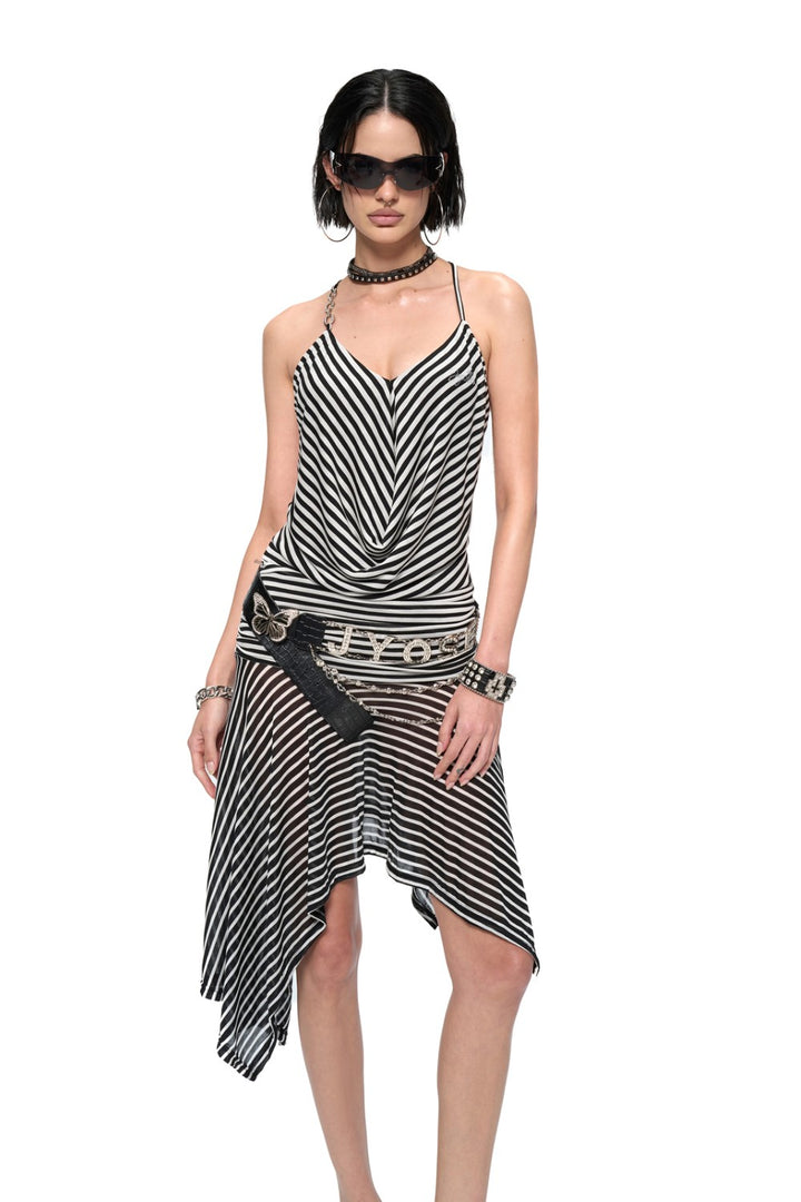 Striped V-Strap Drape Dress