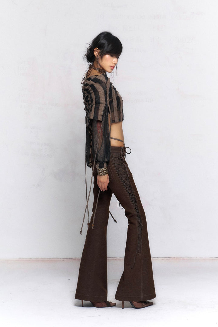 Brown Lace-Up Flared Jeans