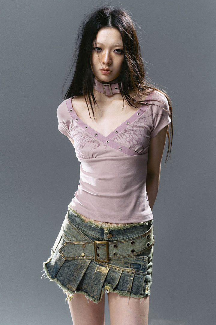 Pleated Wrap Denim Shorts