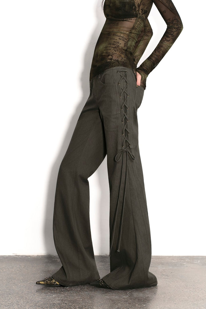 Olive Lace-Up Flare Pants