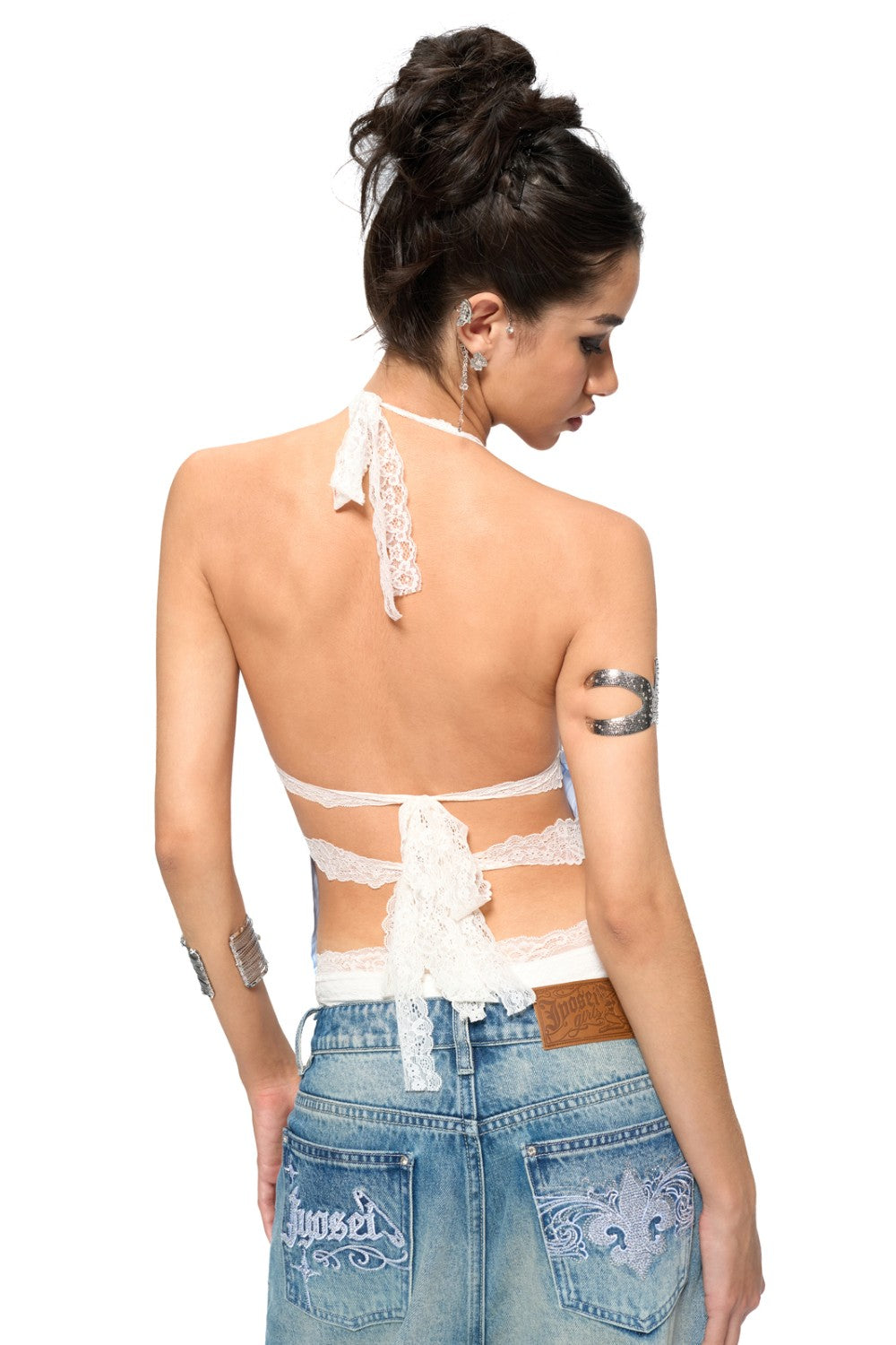 Backless Pinstripe Halter Top