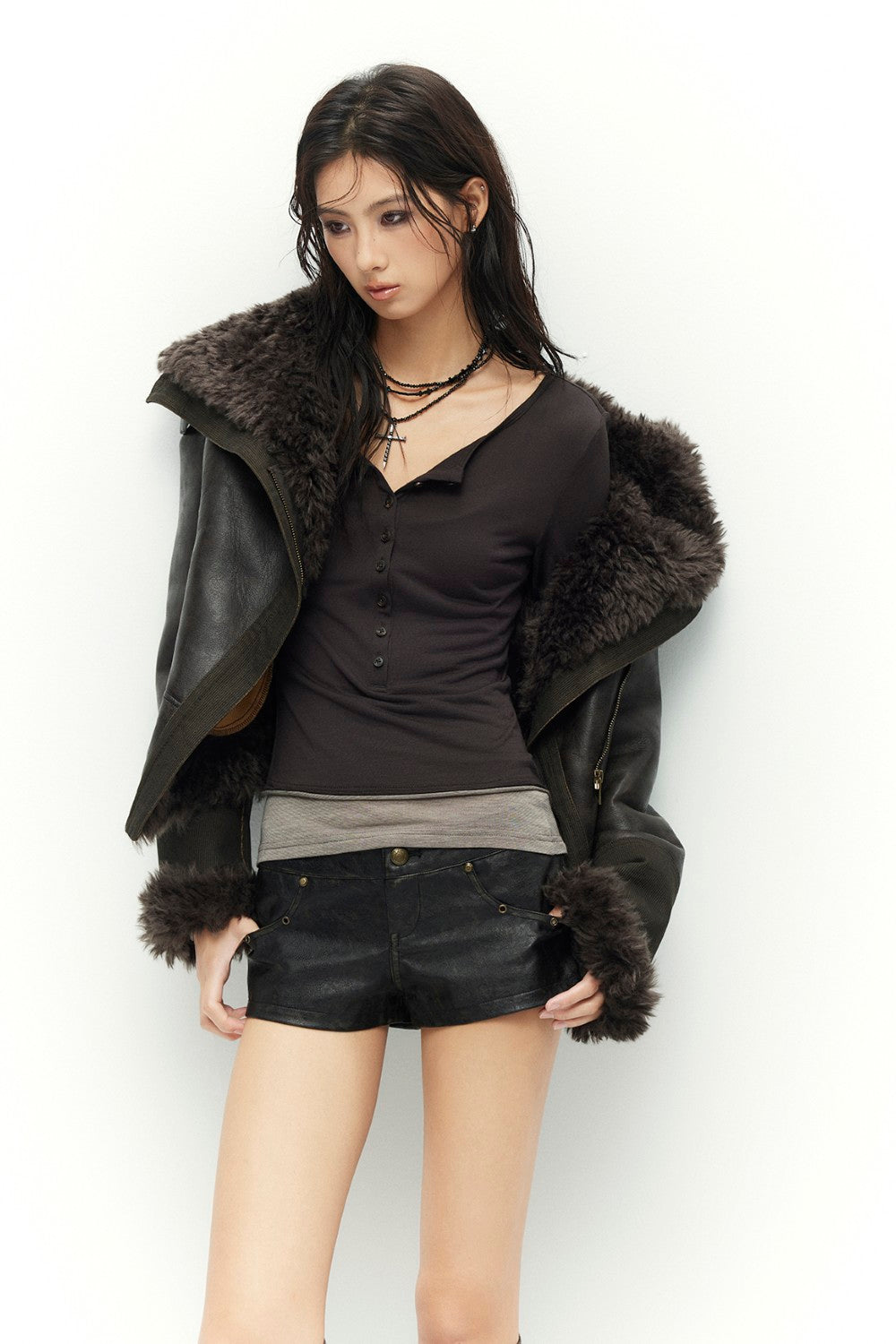 Espresso Leather Shearling Coat