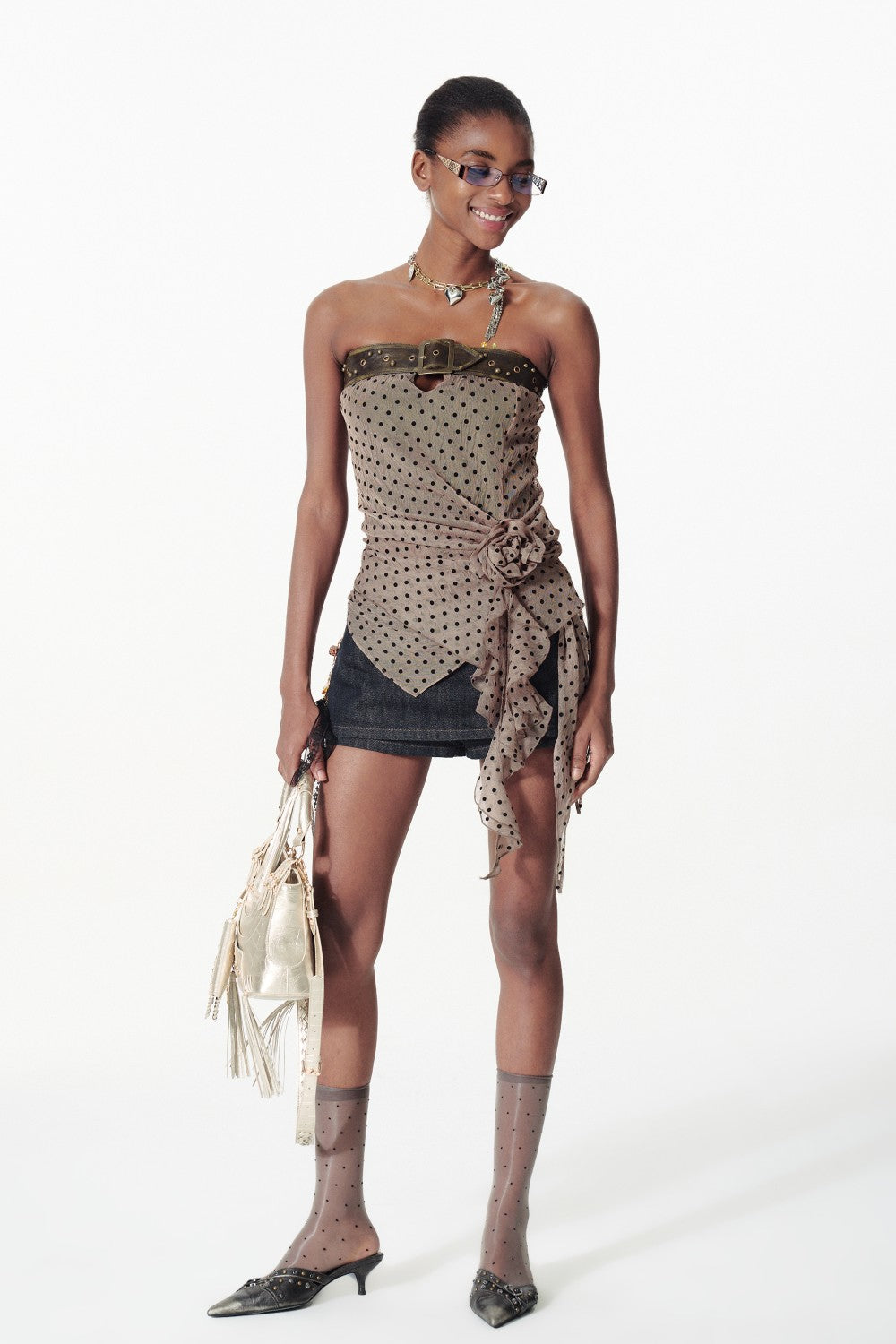 Polka Dot Belted Mesh Top