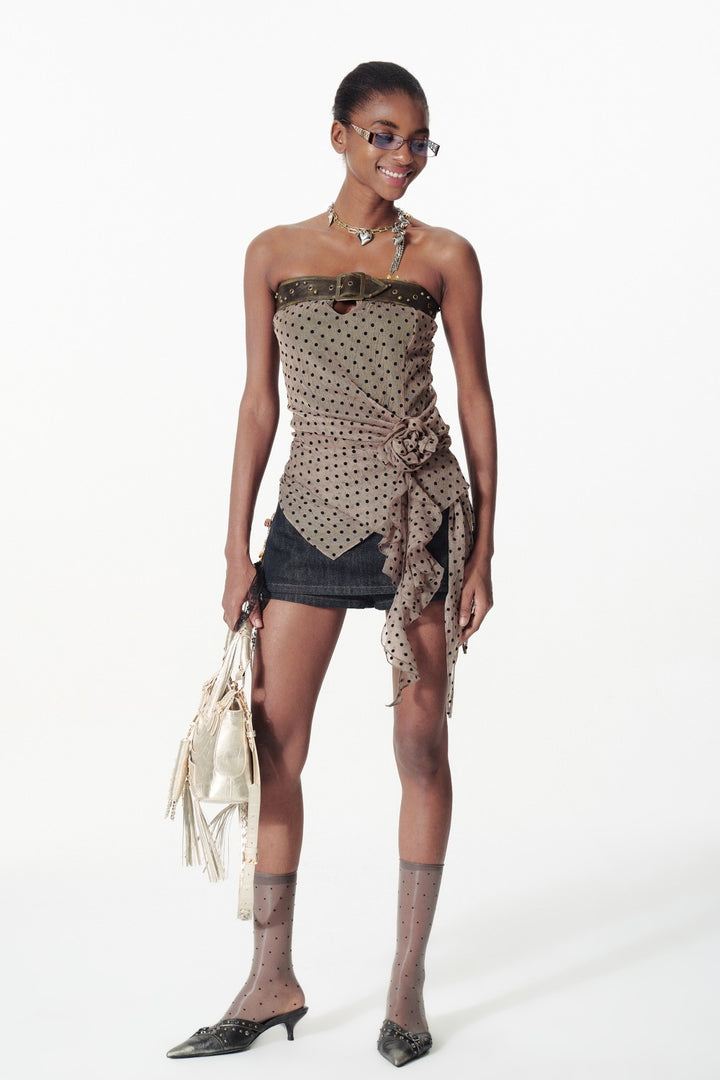 Polka Dot Belted Mesh Top