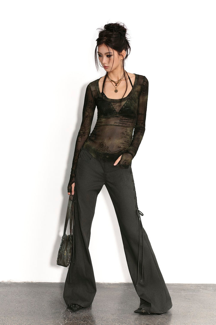 Olive Lace-Up Flare Pants