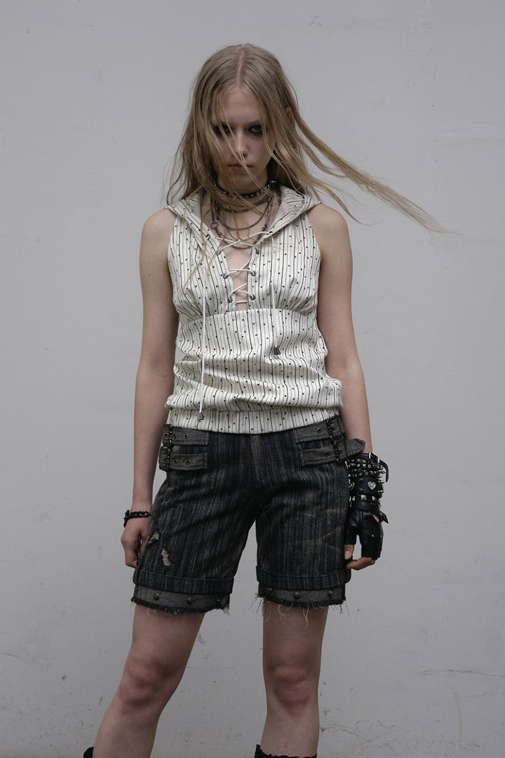 Striped Hooded Lace-Up Top