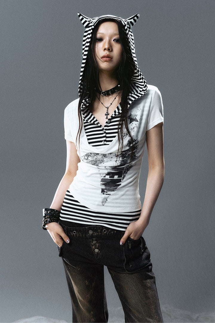 Layered Hooded Cat Shirt