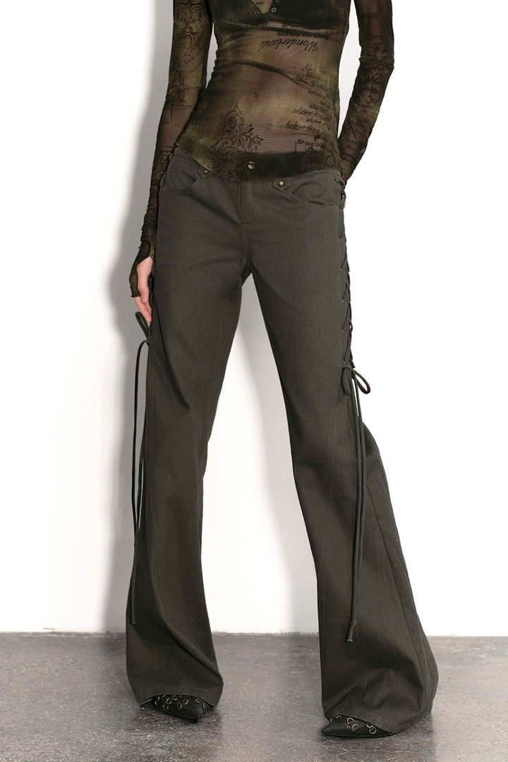 Olive Lace-Up Flare Pants