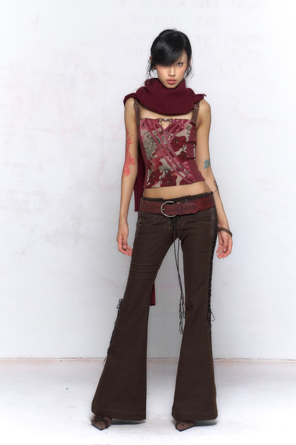 Brown Lace-Up Flared Jeans