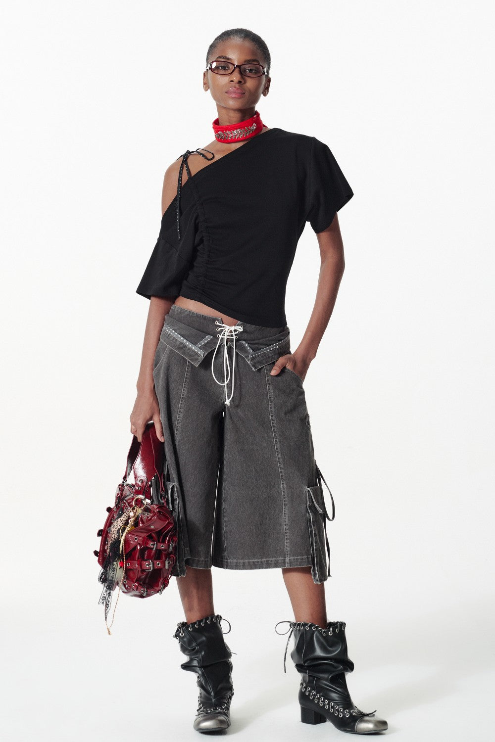 Off-Shoulder Tied Ruffle Shirt