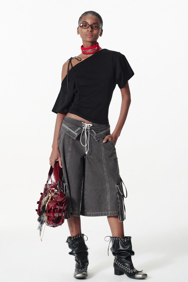 Off-Shoulder Tied Ruffle Shirt