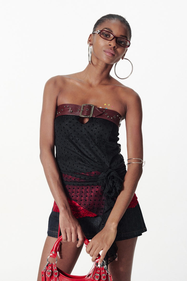 Polka Dot Belted Mesh Top