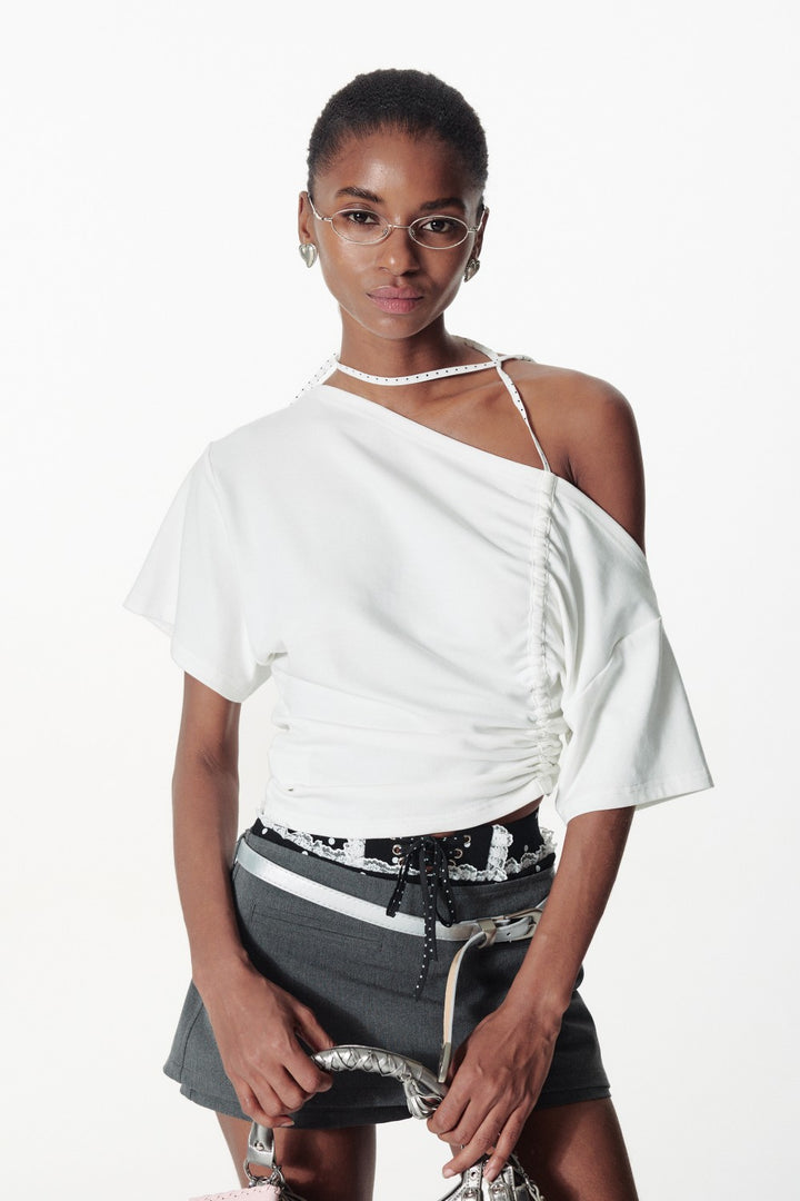 Off-Shoulder Tied Ruffle Shirt